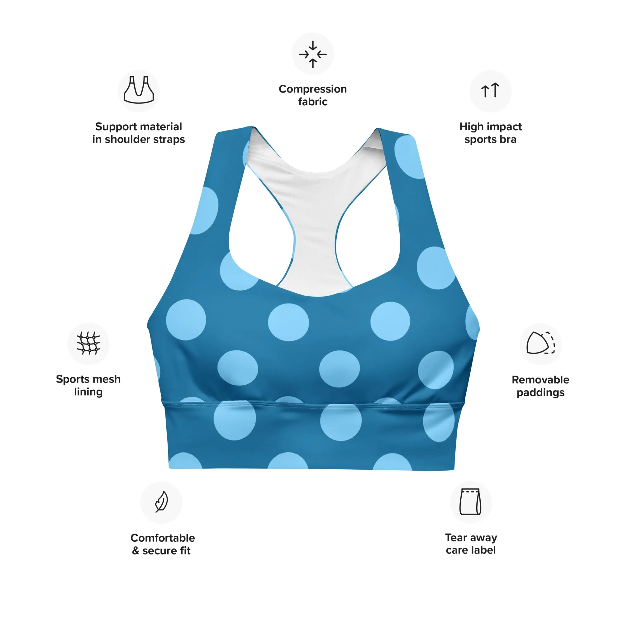 Blue Polka Dots Sports Bra Fitness Top, lioness-love