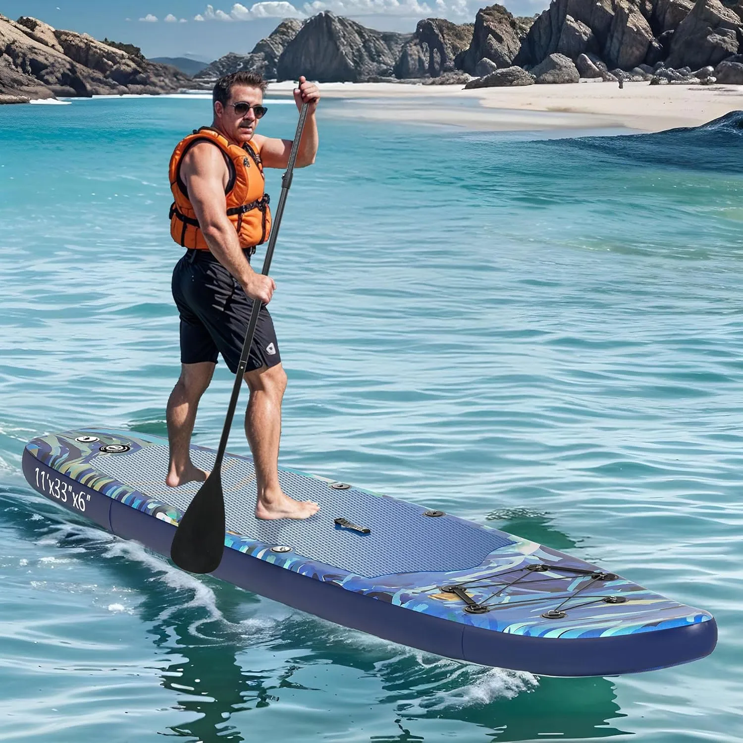 DWVO Wide Inflatable Stand Up Paddle Board 11FT, Durable and Portable SUP for Water Adventures, Lightweight Design with Non-Slip Surface and Easy Inflation