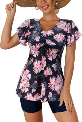 Fanuerg Women's Tankini Swimsuits Ruffled Flowy Tankini Tops with Boy Shorts Swimwear Tummy Control Two Piece Bathing Suits