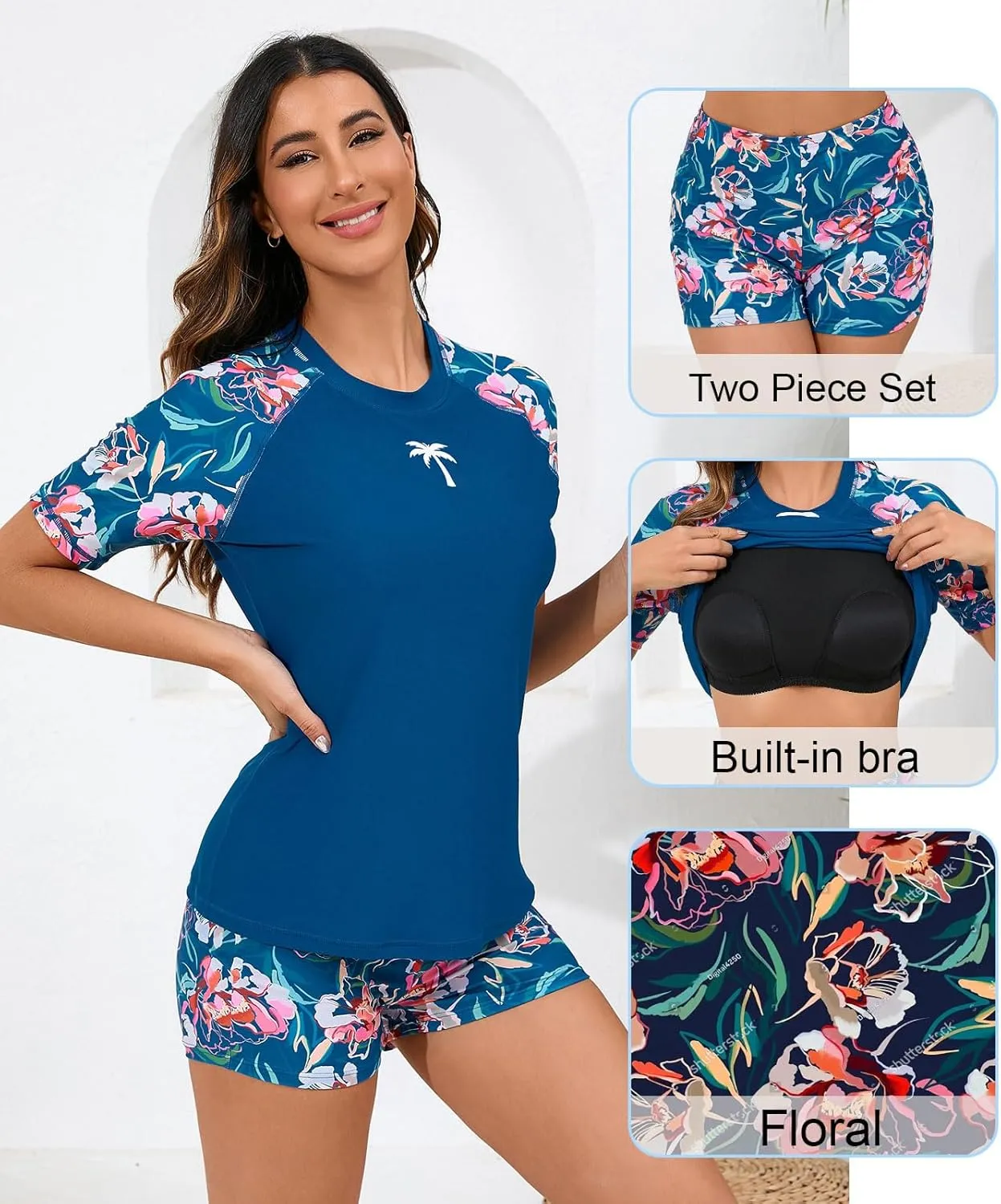 Halcurt Women's Built in Bra Rash Guard UPF 50 Two Piece Swimsuit Shirt and Board Shorts
