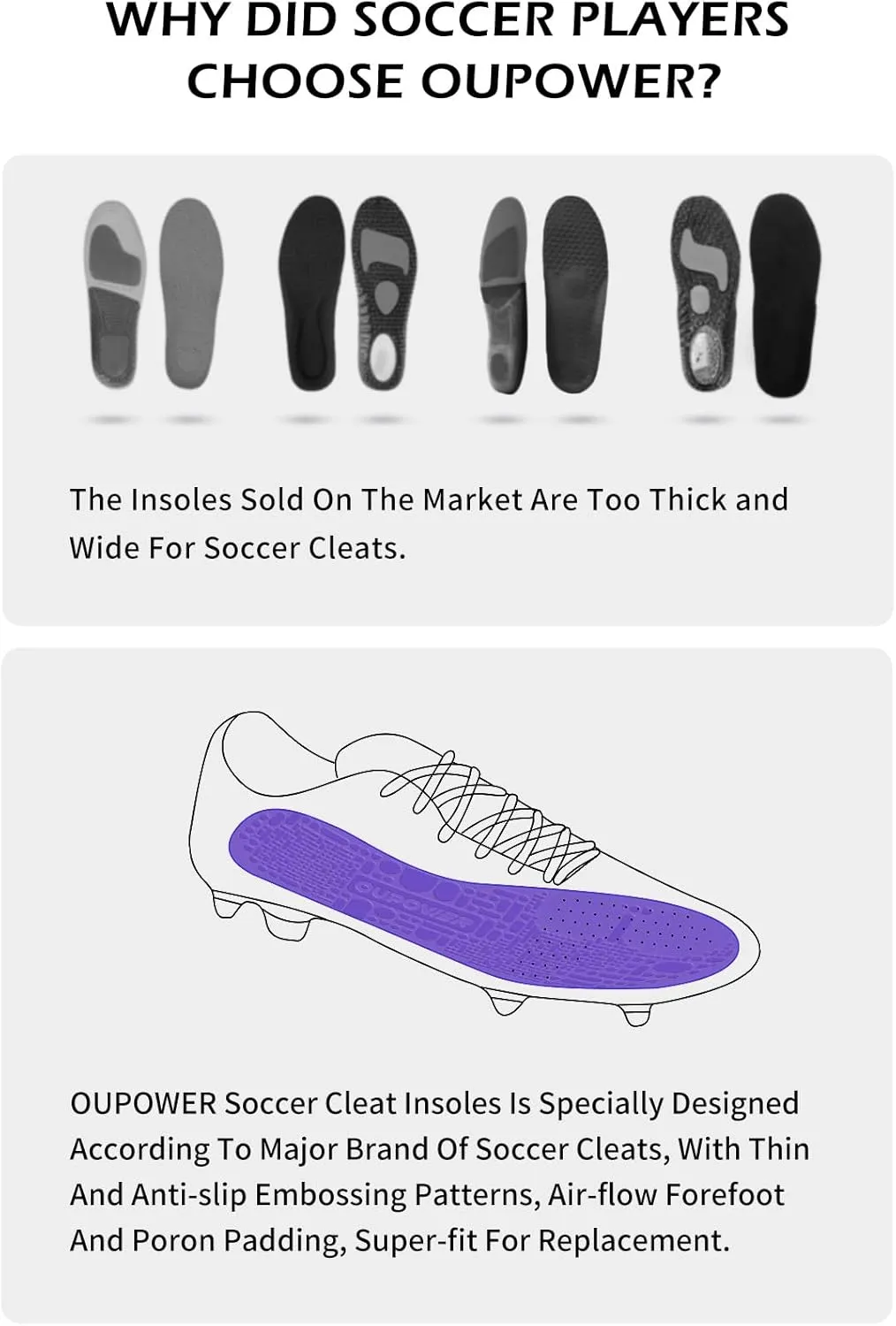 Insoles for Soccer Cleats Shock Absorption Arch Supports Anti-Slip Breathable for Men Women Boy Girl Kids-Purple (US8.5-9)