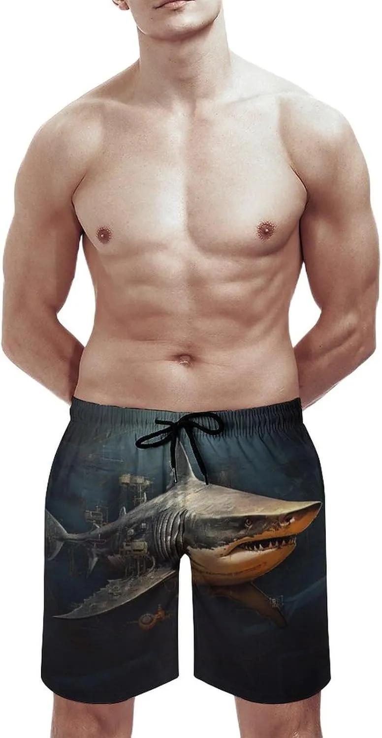 Men's Sharks Swim Trunks, Quick Dry Beach Board Shorts with Mesh Lining and Pockets