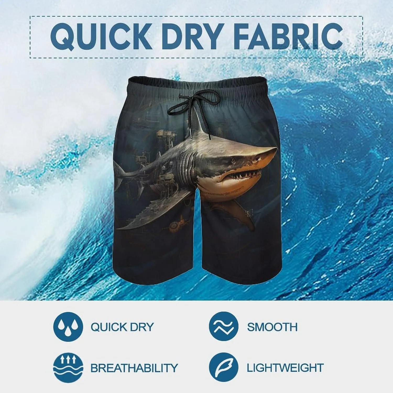 Men's Sharks Swim Trunks, Quick Dry Beach Board Shorts with Mesh Lining and Pockets