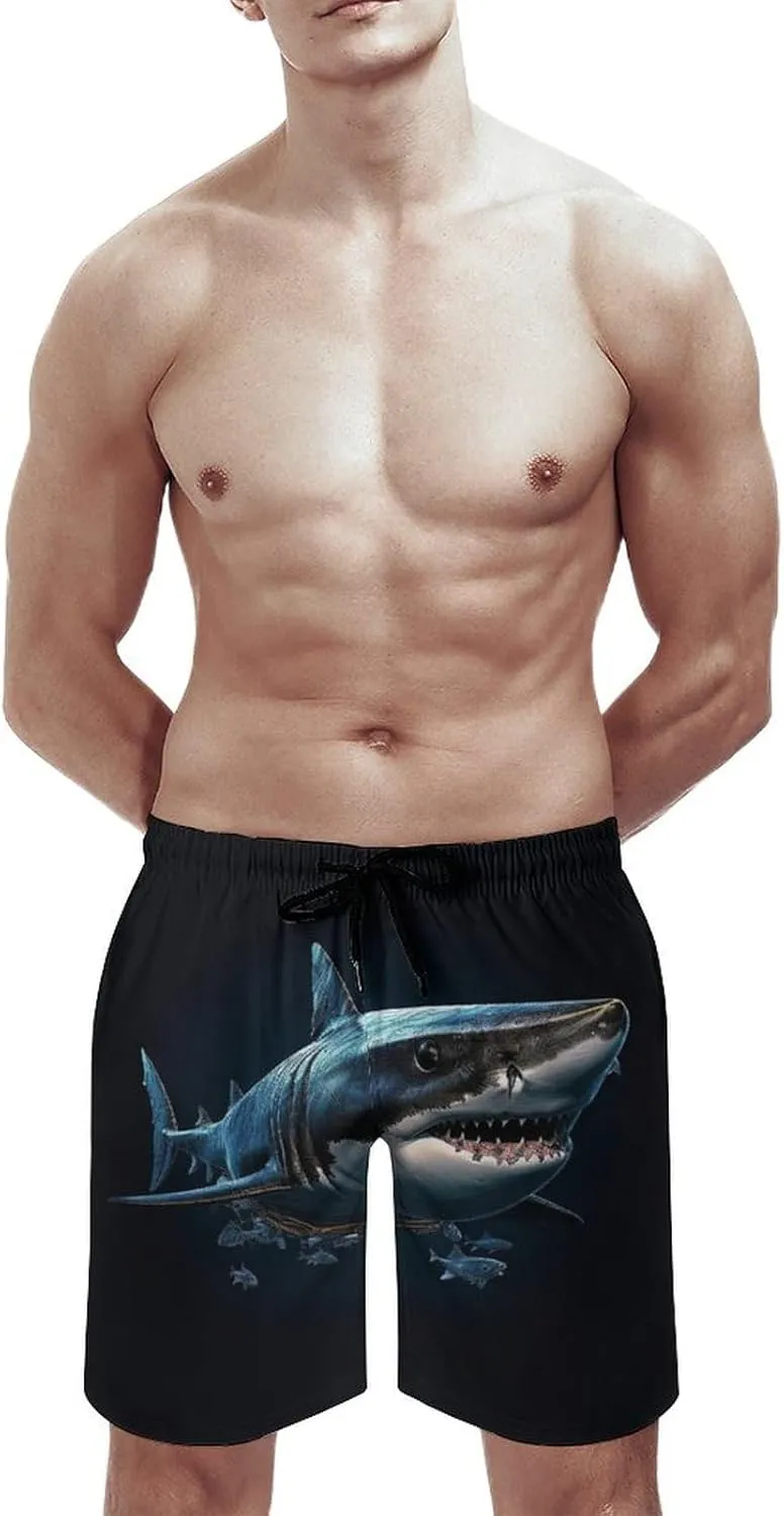 Men's Sharks Swim Trunks, Quick Dry Beach Board Shorts with Mesh Lining and Pockets
