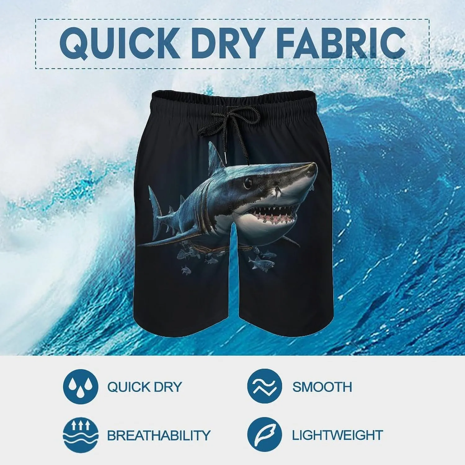 Men's Sharks Swim Trunks, Quick Dry Beach Board Shorts with Mesh Lining and Pockets