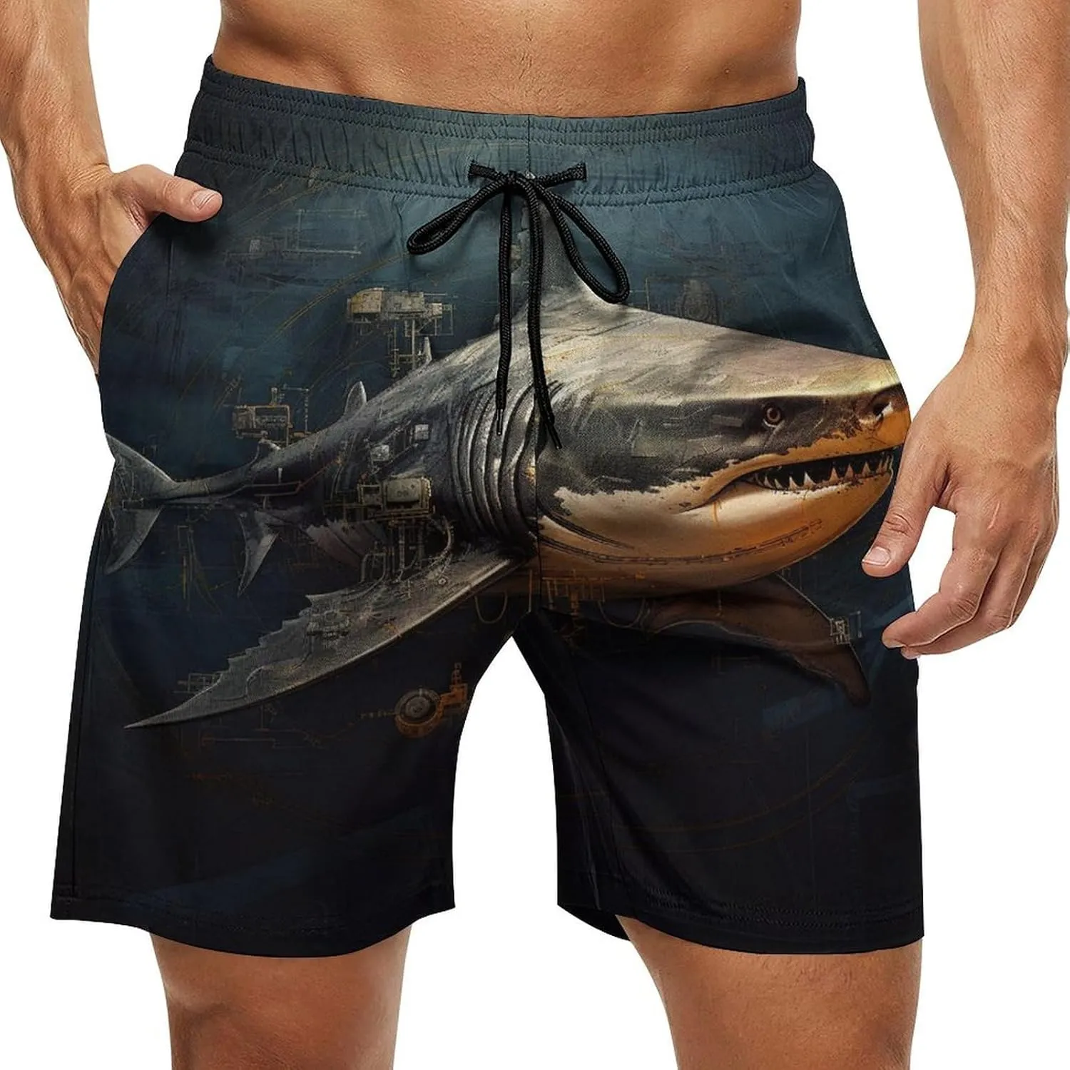 Men's Sharks Swim Trunks, Quick Dry Beach Board Shorts with Mesh Lining and Pockets