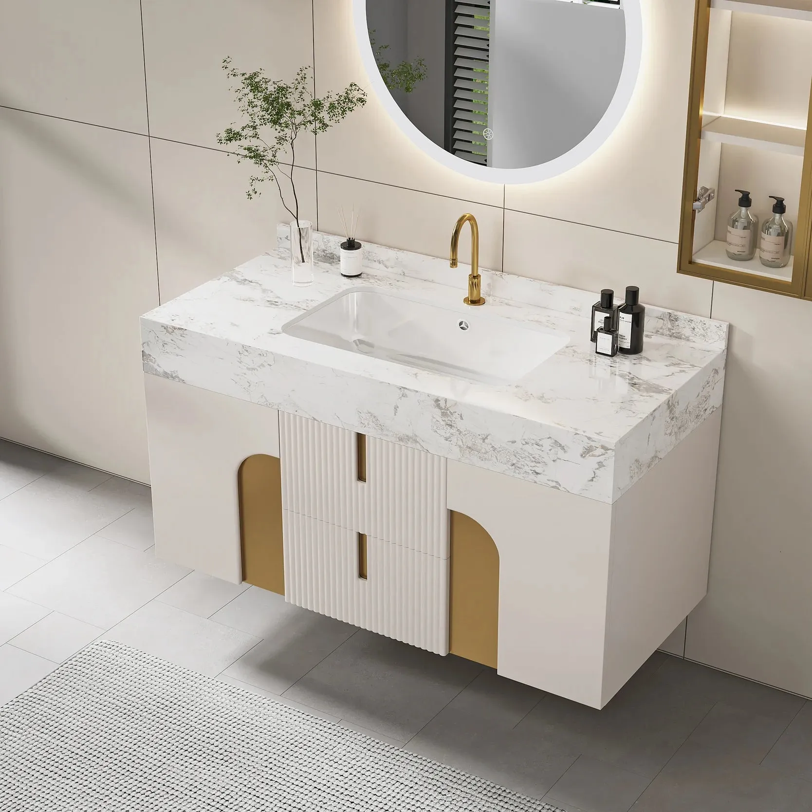 Modern Sintered Stone Bathroom Vanity Ceramic Single Sink Wall Mounted