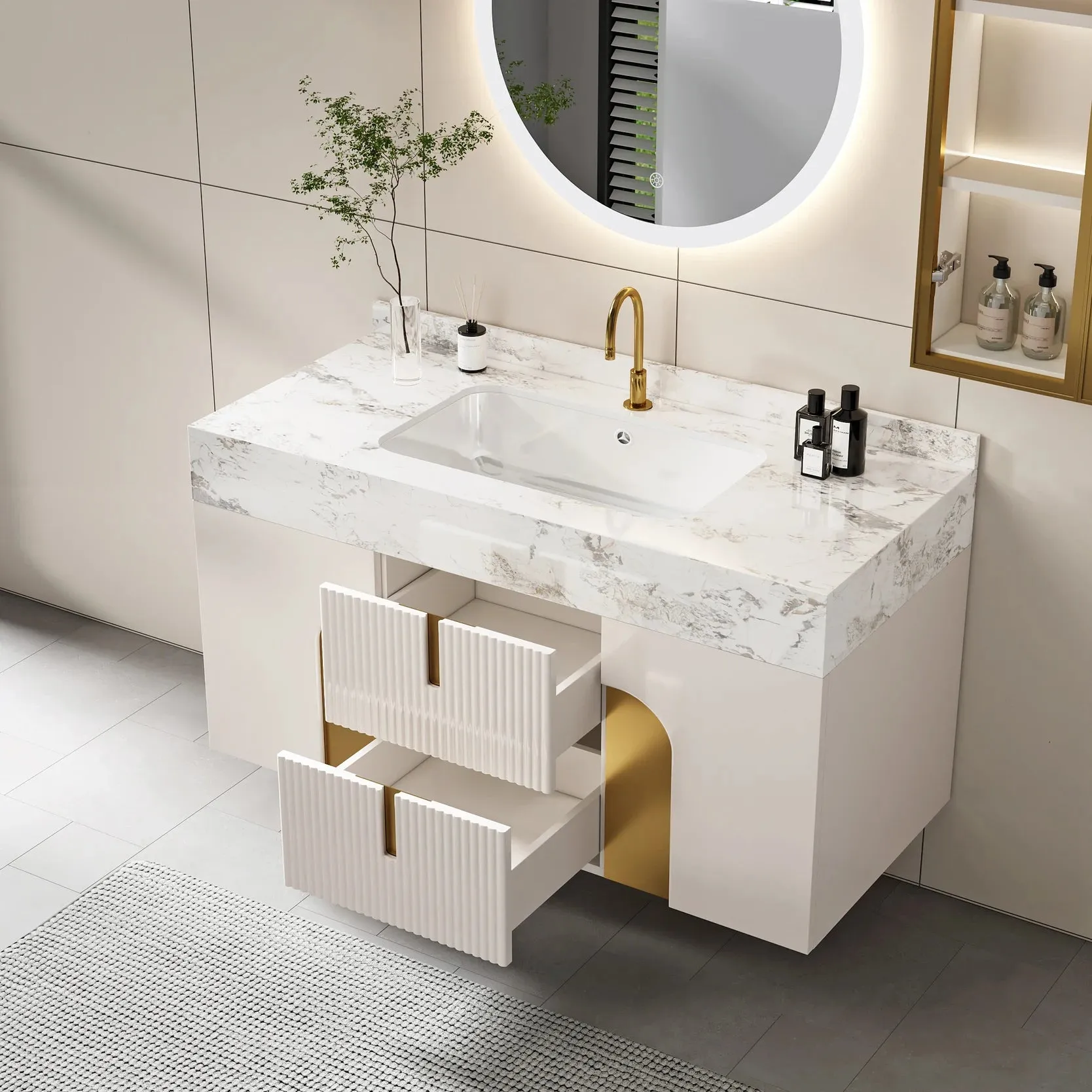Modern Sintered Stone Bathroom Vanity Ceramic Single Sink Wall Mounted
