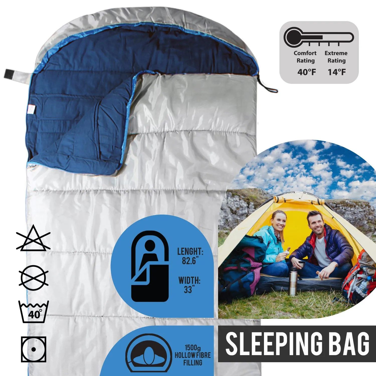 Sleeping Bag For Hiking Camping & Outdoor Activities - Compression Bag Included - Grey