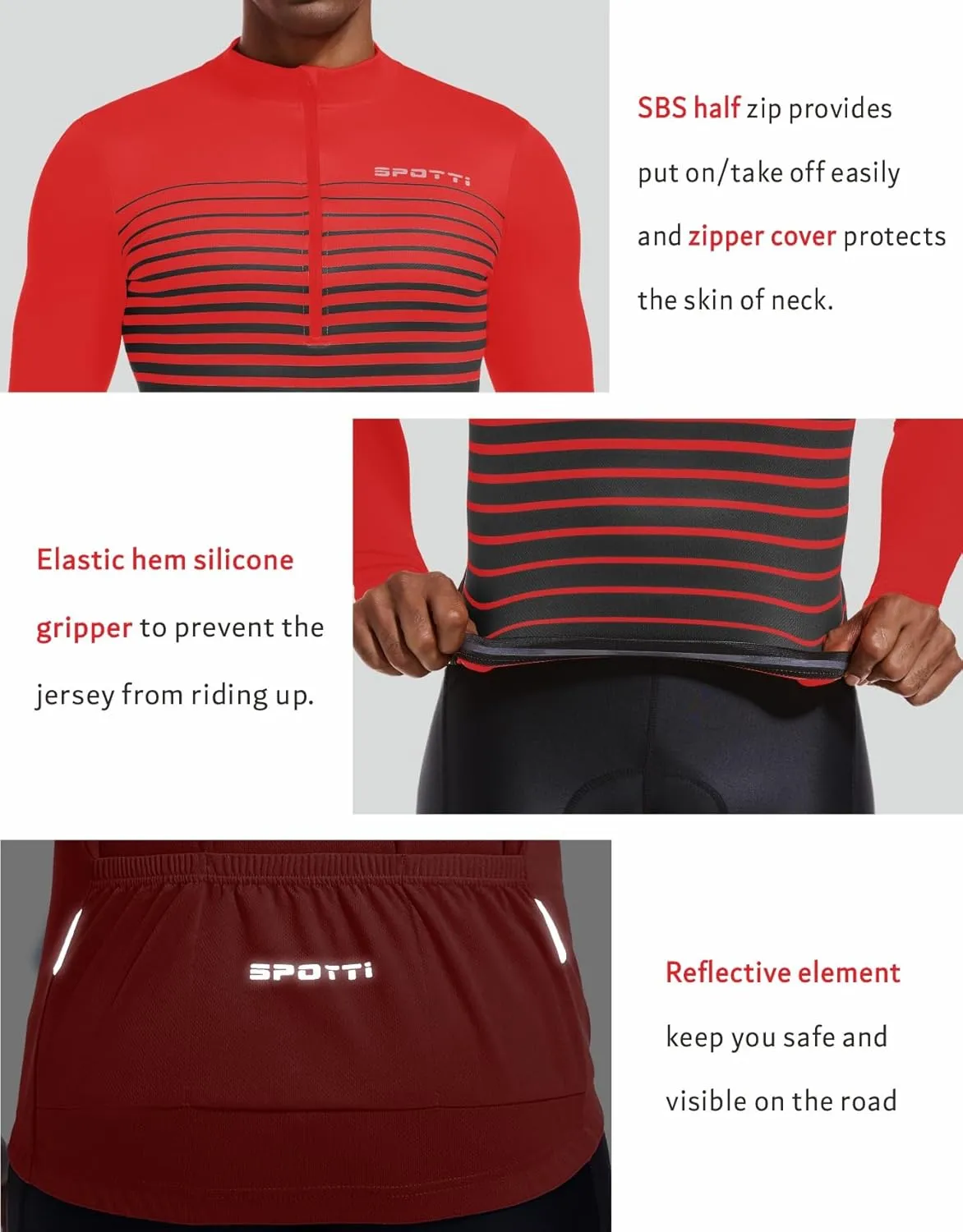 Spotti Men's Cycling Bike Jersey Long Sleeve with 3 Rear Pockets - Moisture Wicking, Breathable, Quick Dry Biking Shirt