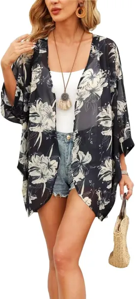 Tribear Women Chiffon Kimono Cardigan Floral Printed Bat Sleeve Casual Capes Beach Cover up Tribear Women Chiffon Kimono Cardigan Floral Printed Bat Sleeve Casual Capes Beach Cover up