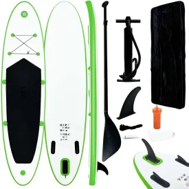 vidaXL Inflatable Stand-up Paddle Board Set - Adult-Sized, High-Pressure, Durable and UV-Resistant, Includes Oar, Removable Fin, Hand Pump, and Carry Bag, Green and White