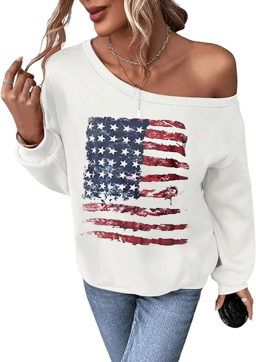 Womens Holiday Off the Shoulder Long Sleeve Loose Slouchy Sweatshirt Pullover Letter Printed Tops