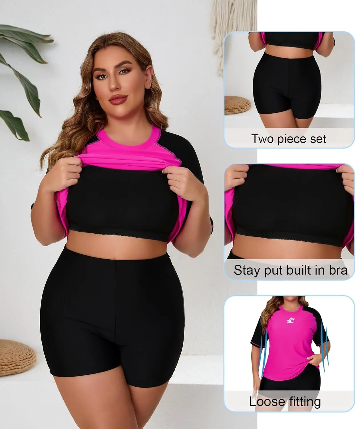 Women's Plus Size Two Piece Short Sleeve Rash Guard Sets with Built in Bra UPF50  Swim Shirt Top and Shorts
