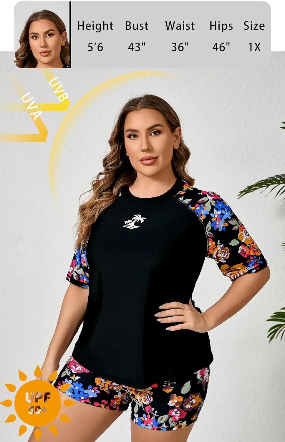 Women's Plus Size Two Piece Short Sleeve Rash Guard Sets with Built in Bra UPF50  Swim Shirt Top and Shorts