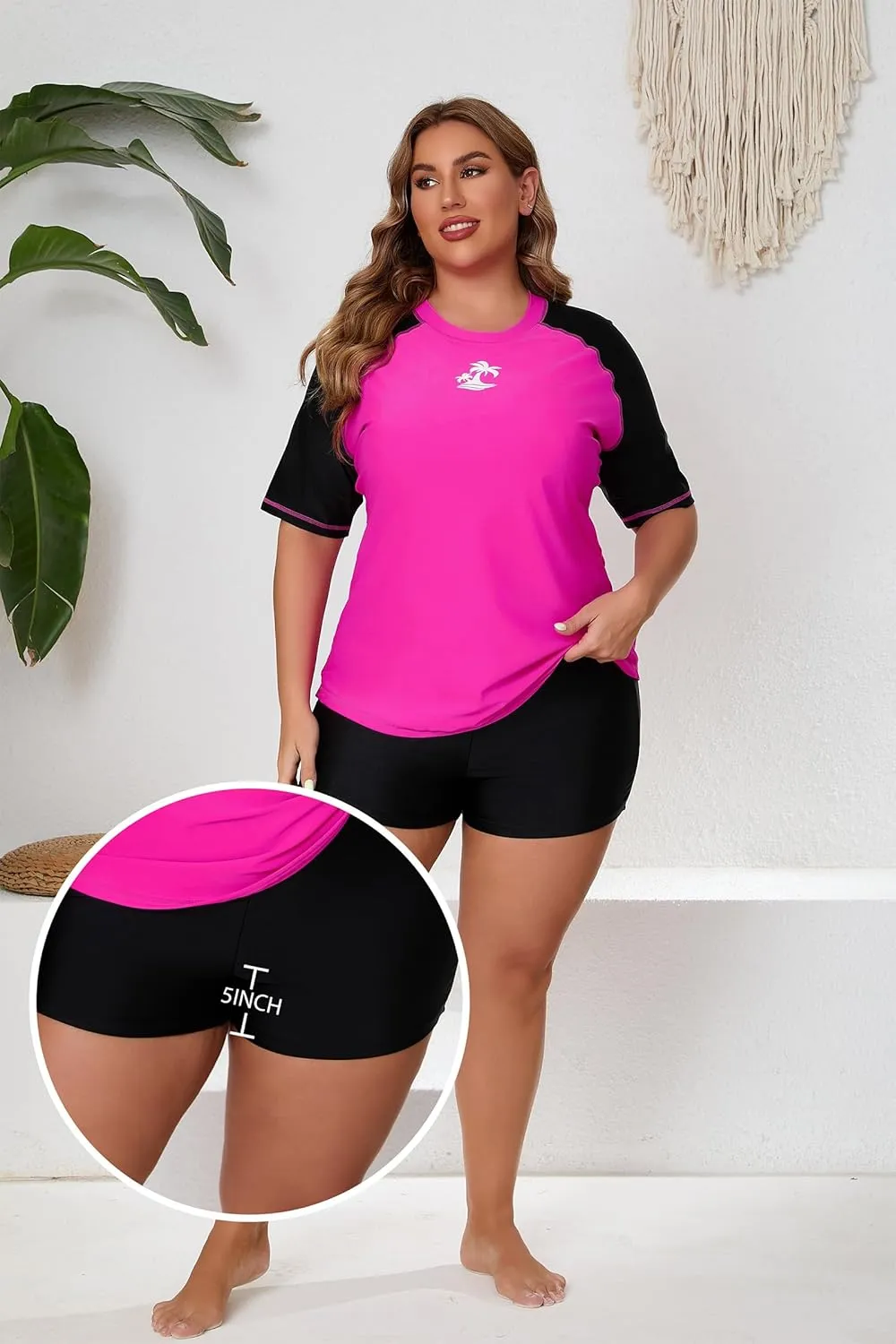 Women's Plus Size Two Piece Short Sleeve Rash Guard Sets with Built in Bra UPF50  Swim Shirt Top and Shorts