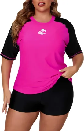 Women's Plus Size Two Piece Short Sleeve Rash Guard Sets with Built in Bra UPF50  Swim Shirt Top and Shorts