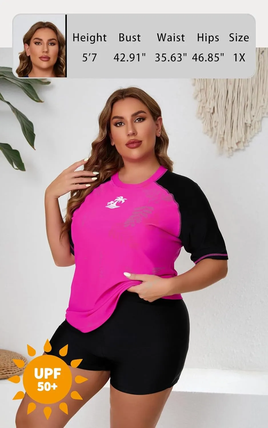 Women's Plus Size Two Piece Short Sleeve Rash Guard Sets with Built in Bra UPF50  Swim Shirt Top and Shorts