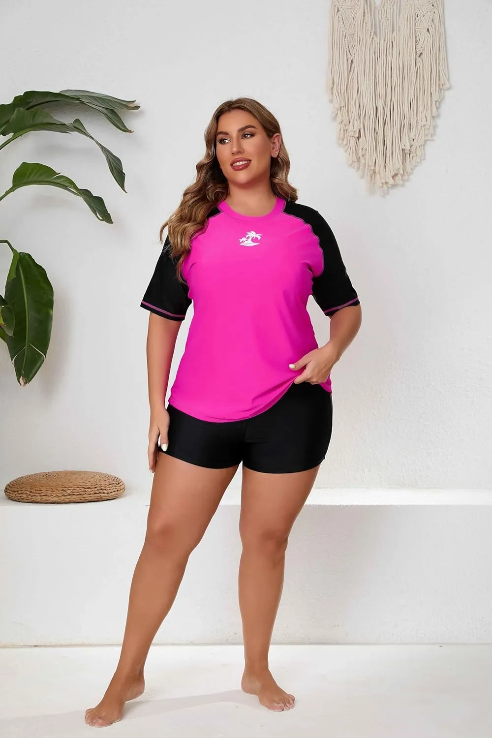 Women's Plus Size Two Piece Short Sleeve Rash Guard Sets with Built in Bra UPF50  Swim Shirt Top and Shorts