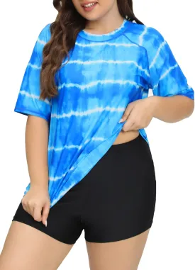Womens Two Piece Plus Size Short Sleeve Rash Guard Sets Modest Swim Shirts Top and Shorts UPF50  Swimsuit
