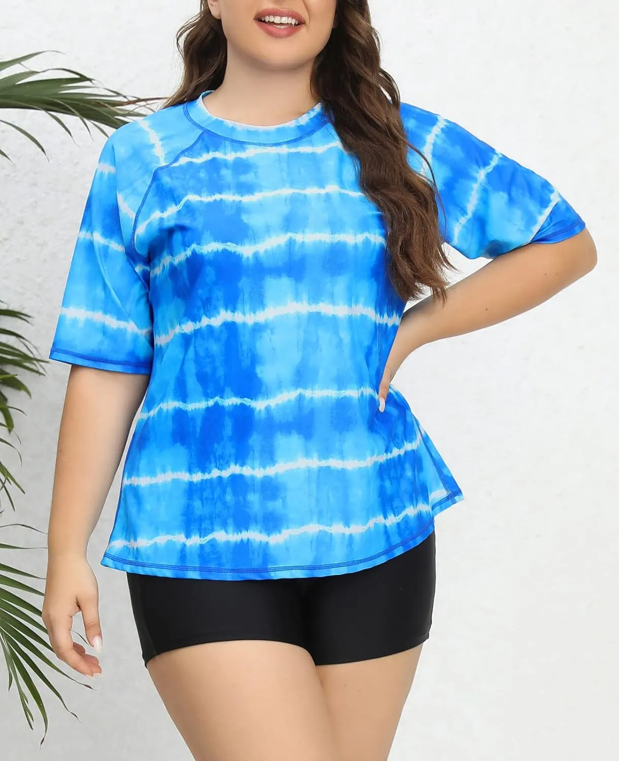 Womens Two Piece Plus Size Short Sleeve Rash Guard Sets Modest Swim Shirts Top and Shorts UPF50  Swimsuit